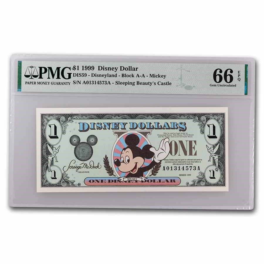 1999 $1.00 (AA) Waving Mickey CU-66 EPQ PMG(DIS#59): 1999 $1.00 (AA) Waving Mickey CU-66 EPQ PMG(DIS#59) Product ID: 268620 Year: 1999 Grade: (PMG) Gem Unc - 66 Grade Service: PMG Denomination: 1 Dollar Mint Mark: Disneyland Metal Content:
