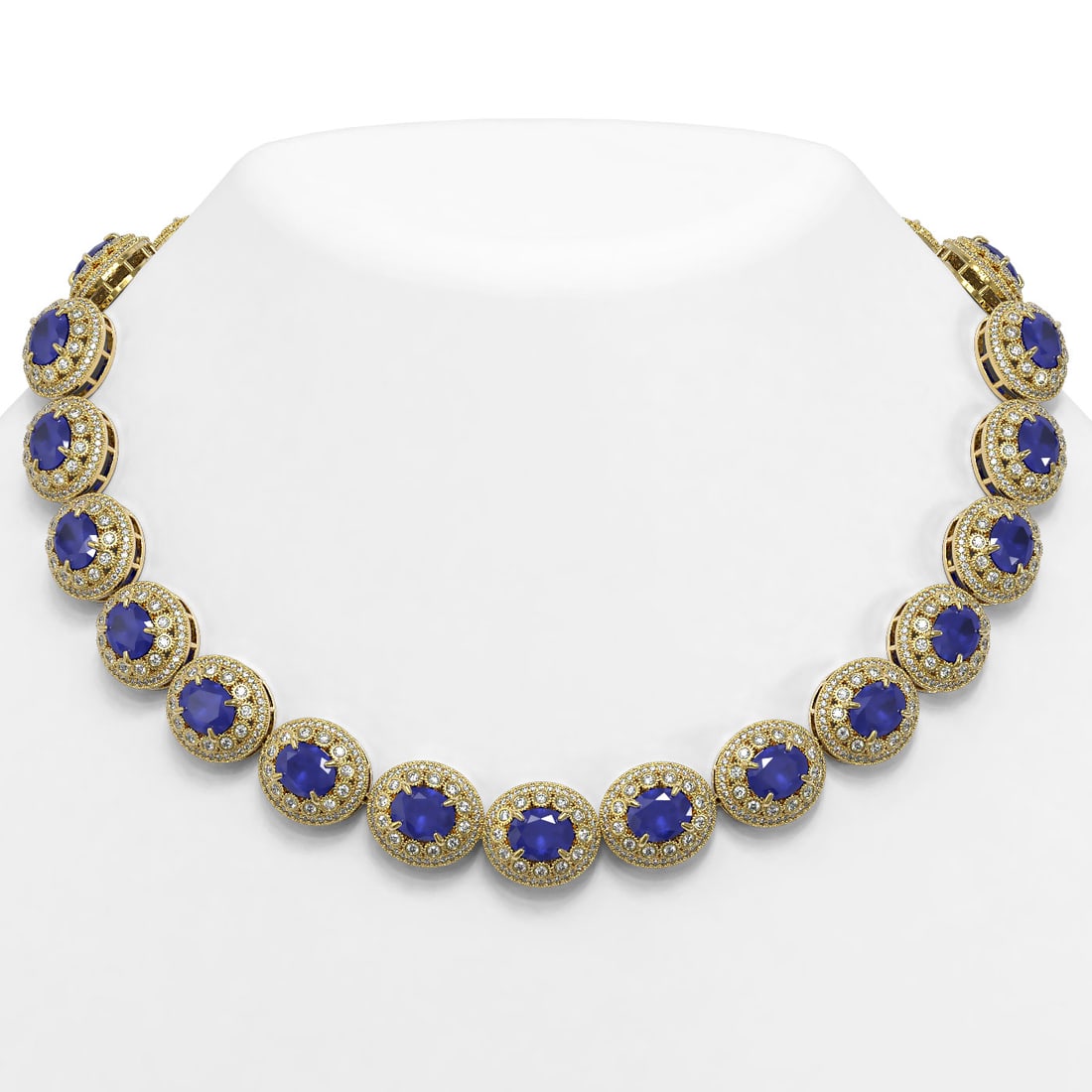 111.75 ctw Sapphire & Diamond Victorian Necklace 14K Yellow Gold: 111.75 ctw Sapphire & Diamond Victorian Necklace 14K Yellow Gold Item: Sapphire NecklaceTotal Gem weight: 111.75 carats Metal: Solid 14K Yellow Gold Gold Product Weight: Approx. 118.6 grams Jewe