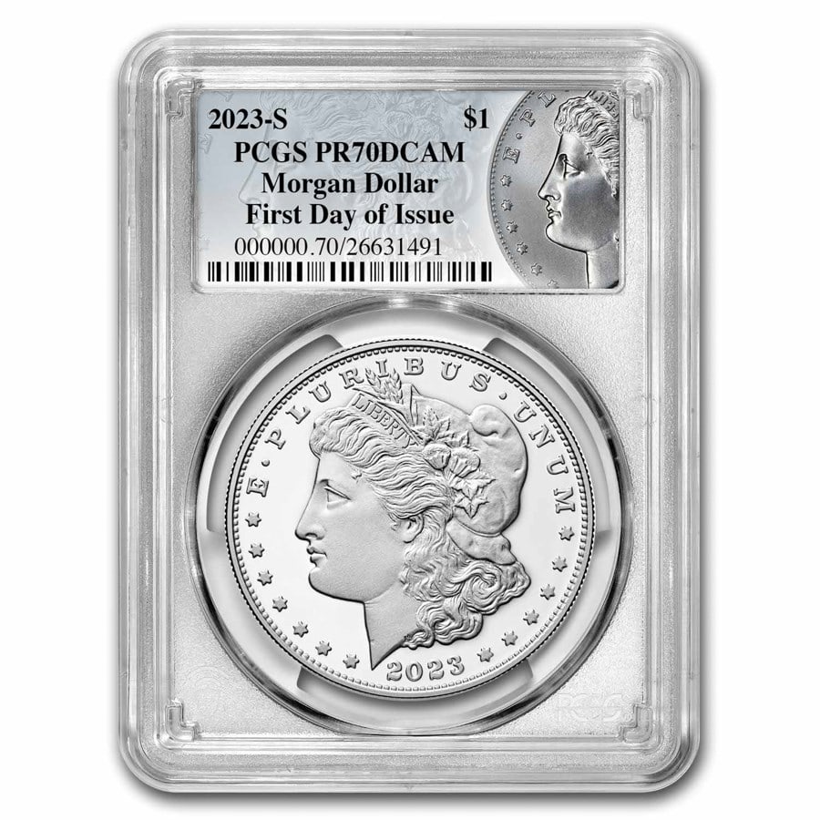 2023-S Proof Silver Morgan Dollar PR-70 PCGS (FDI, Morgan Label): 2023-S Proof Silver Morgan Dollar PR-70 PCGS (FDI, Morgan Label) Product ID: 279984 Year: 2023 Grade: Proof - 70 DCAM Grade Service: PCGS Denomination: 1 Dollar Mint Mark: S - San Francisco