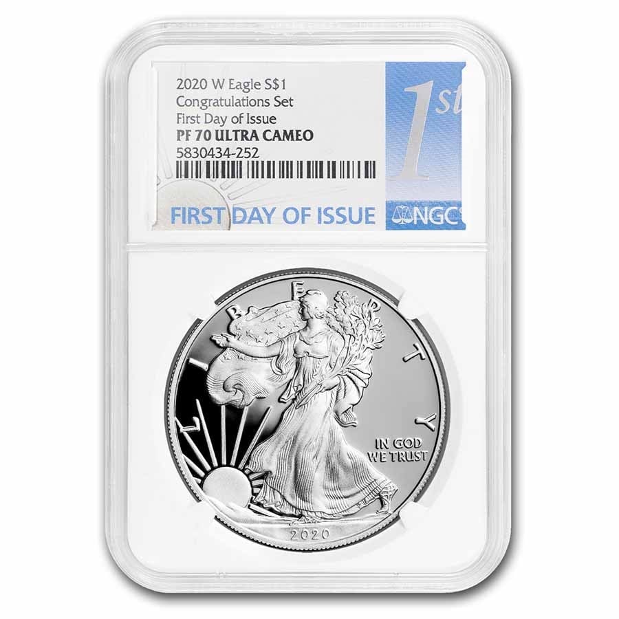 2020-W Proof Silver Eagle PF-70 NGC (FDI, Congratulations Set): 2020-W Proof Silver Eagle PF-70 NGC (FDI, Congratulations Set) Product ID: 232619 Year: 2020 Grade: Proof - 70 UCAM Grade Service: NGC Denomination: 1 Dollar Mint Mark: W - West Point Met