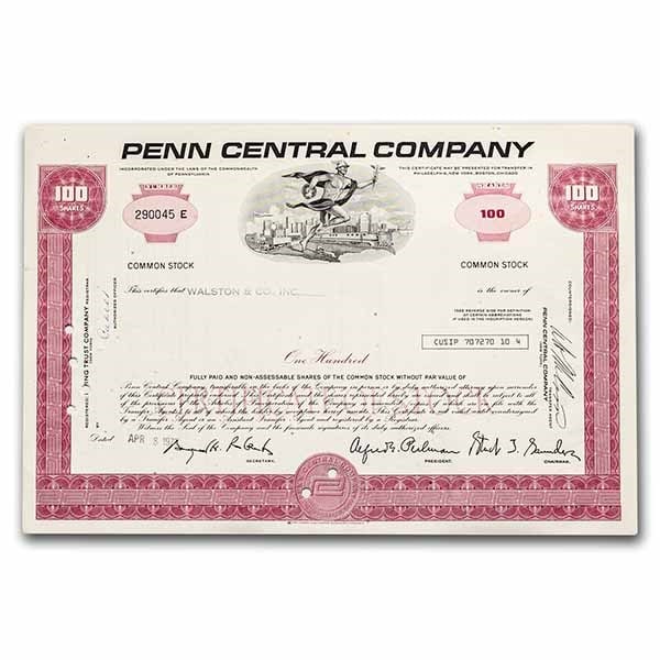 Penn Central Company Stock Certificate (Red): Penn Central Company Stock Certificate (Red) Product ID: 238425 Year: 1970s Grade: None Grade Service: None Mint Mark: N/A - Not Available Metal Content: 0 troy oz Purity: N/A Th