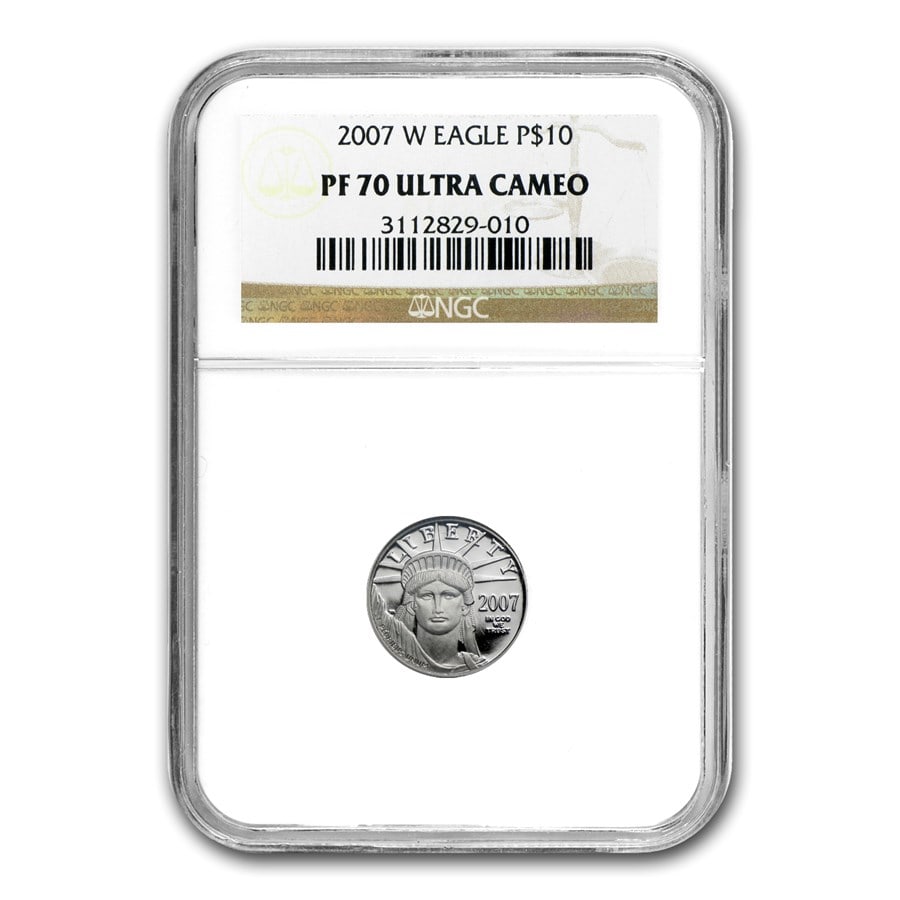 2007-W 1/10 oz Proof American Platinum Eagle PF-70 UCAM NGC: 2007-W 1/10 oz Proof American Platinum Eagle PF-70 UCAM NGC Product ID: 14955 Year: 2007 Grade Service: NGC Denomination: 10 Dollars Metal Content: 0.1 troy oz Purity: .9995 Thickness: .9