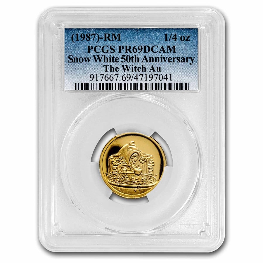 1/4 oz Gold Round - Snow White 50th Anniv The Witch PR-69 PCGS: 1/4 oz Gold Round - Snow White 50th Anniv The Witch PR-69 PCGS Product ID: 282774 Year: 1987 Grade: Proof - 69 DCAM Grade Service: PCGS Mint Mark: N/A - Not Available Metal Content: 0.25 troy oz <