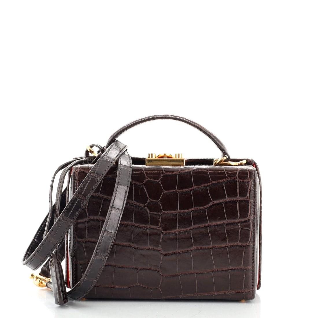 Mark Cross Grace Box Bag Crocodile Small: Mark Cross Grace Box Bag Crocodile Small Exterior Color: Brown Interior Color: Red Exterior Material: Crocodile, Exotic Interior Material: Leather Hardware Color: Gold Accessories: Clochette, Keys