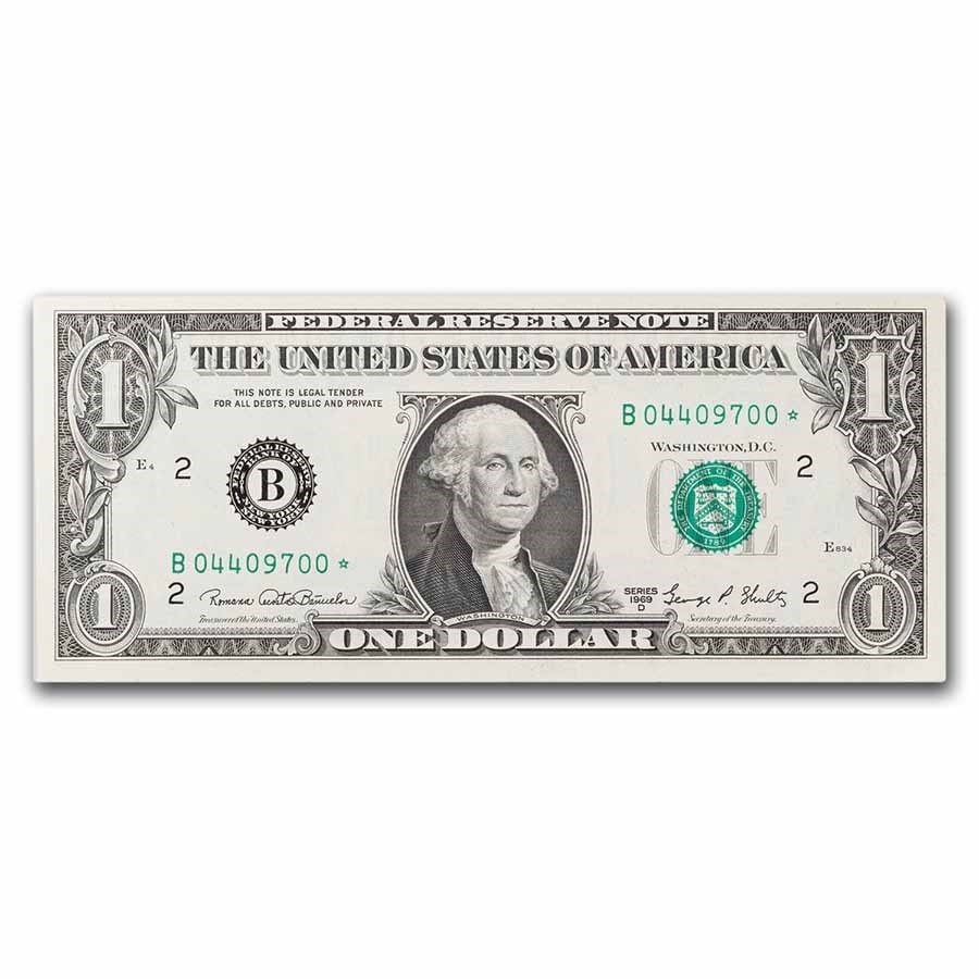 1969-D* (B-New York) $1.00 FRN CU (Fr#1907-B*) Star Note!: 1969-D* (B-New York) $1.00 FRN CU (Fr#1907-B*) Star Note! Product Id: 271541 Year: 1969 Grade: (U) Crisp Unc Grade Service: None Denomination: 1 Dollar Mint Mark: B - New York Metal Conte