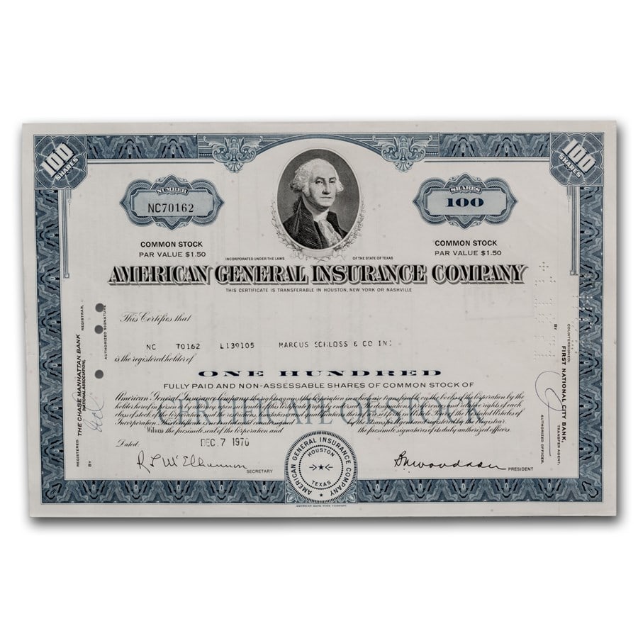 American General Insurance Company Stock Certificate: American General Insurance Company Stock Certificate Product ID: 36541 Year: N/A Grade: None Grade Service: None Denomination: N/A Mint Mark: N/A - Not Available Metal Content: 0 troy oz