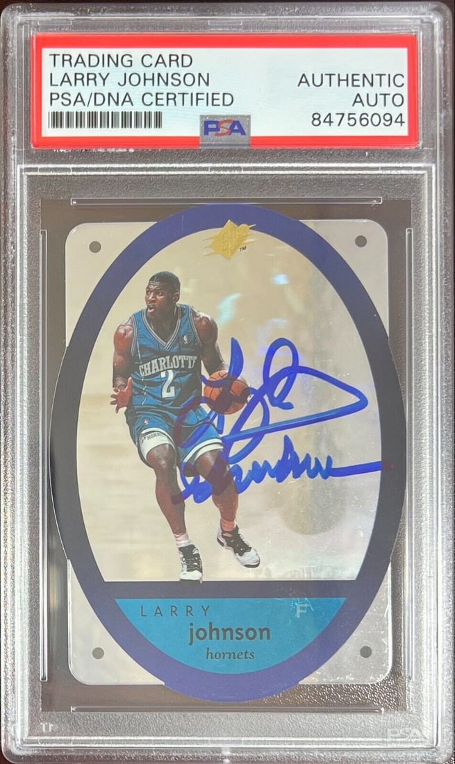 Larry Johnson auto inscribed 1996 Upper Deck SPX #5 Charlotte Hornets PSA Encap: Larry Johnson auto inscribed 1996 Upper Deck SPX #5 Charlotte Hornets PSA Encap Larry Johnson auto inscribed 1996 Upper Deck SPX #5 Charlotte Hornets PSA Encap