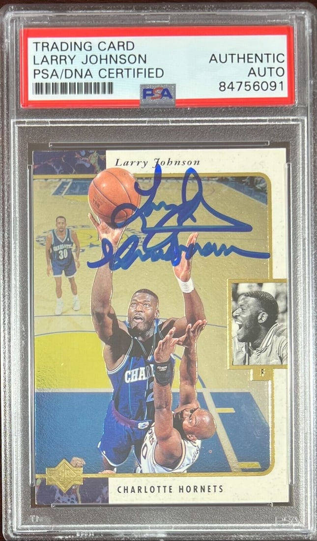 Larry Johnson auto insc 1996 Upper Deck SP #16 card Charlotte Hornets PSA Encap: Larry Johnson auto insc 1996 Upper Deck SP #16 card Charlotte Hornets PSA Encap Larry Johnson auto insc 1996 Upper Deck SP #16 card Charlotte Hornets PSA Encap