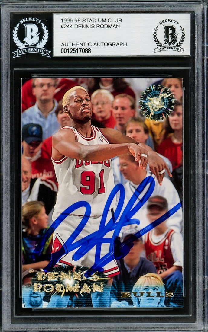 dennis rodman autographed 1995-96 stadium club card #244 bulls beckett 220318: dennis rodman autographed 1995-96 stadium club card #244 bulls beckett 220318 DENNIS RODMAN AUTOGRAPHED 1995-96 STADIUM CLUB CARD #244 BULLS BECKETT 220318
