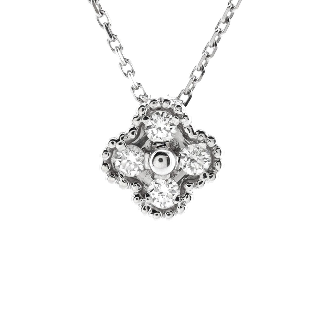 Van Cleef & Arpels Arno Alhambra Pendant Necklace 18K White Gold and Diamonds: Van Cleef & Arpels Arno Alhambra Pendant Necklace 18K White Gold and Diamonds Metal Type: 18K White Gold Metal Finish: High Polish Hallmarks Type: 750, Designer Signature, French Eagle’s Head, Maker