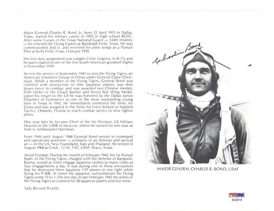 Charles Bond Signed 8x10 (d) Psa Dna Ac42114 Wwii Ace 9.5 Kills Avg