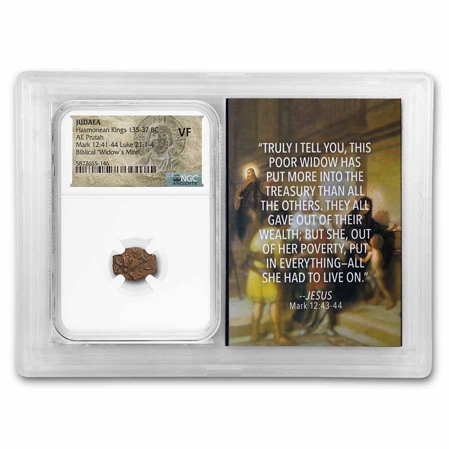 Judaea Hasmonean Kings (135-37 BC) Widows Mite VF NGC (Vault): Judaea Hasmonean Kings (135-37 BC) Widows Mite VF NGC (Vault) Product ID: 262850 Year: 135-37 BC Grade Service: NGC Denomination: AE Prutah Metal Content: 0 troy oz Purity: N/A Thickness: