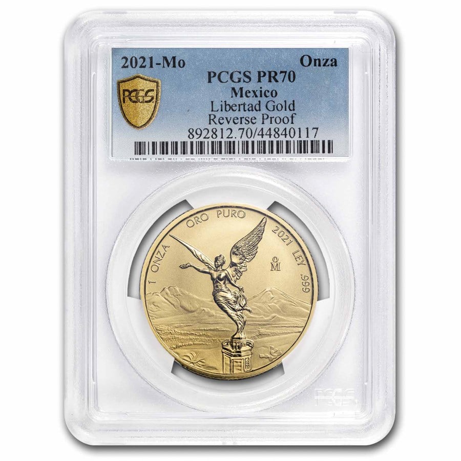 2021 Mexico 1 oz Reverse Proof Gold Libertad PR-70 PCGS: 2021 Mexico 1 oz Reverse Proof Gold Libertad PR-70 PCGS Product ID: 283850 Year: 2021 Grade: Proof - 70 Grade Service: PCGS Mint Mark: Mo - Mexico City Metal Content: 1 troy oz Purity: .9