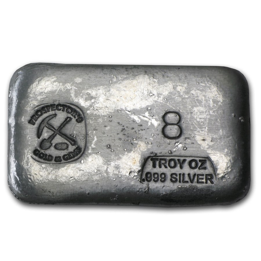 8 oz Hand Poured Silver Bar - PG & G: 8 oz Hand Poured Silver Bar - PG & G Product ID: 78528 Year: N/A Grade: None Grade Service: None Mint Mark: N/A - Not Available Metal Content: 8 troy oz Purity: .999 Thickness: V
