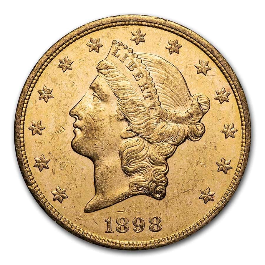 1898-S $20 Liberty Gold Double Eagle AU: 1898-S $20 Liberty Gold Double Eagle AU Product ID: 25489 Year: 1898 Grade: Almost Unc Grade Service: None Denomination: $20.00 Mint Mark: S - San Francisco Metal Content: 0.9675 troy oz