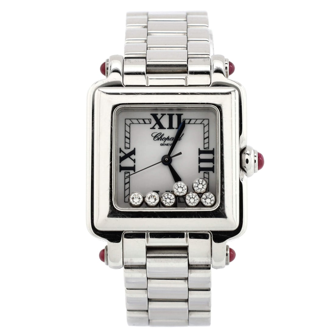 Chopard Happy Sport Square Quartz Watch Stainless Steel with Floating Diamonds 27: Chopard Happy Sport Square Quartz Watch Stainless Steel with Floating Diamonds 27 Dial Color: White Dial Material: Diamond accent Band Color: Silver Band Material: Stainless Steel Case Material: Stain