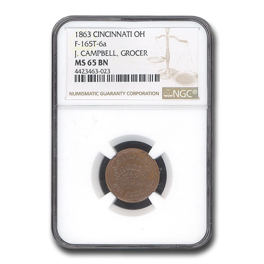 1863 J. Campbell, Grocer Civil War Token MS-65 NGC (BN F-165t-6a): 1863 J. Campbell, Grocer Civil War Token MS-65 NGC (BN F-165t-6a) Product ID: 229421 Year: 1863 Grade Service: NGC Denomination: $OH Metal Content: 0 troy oz Purity: None