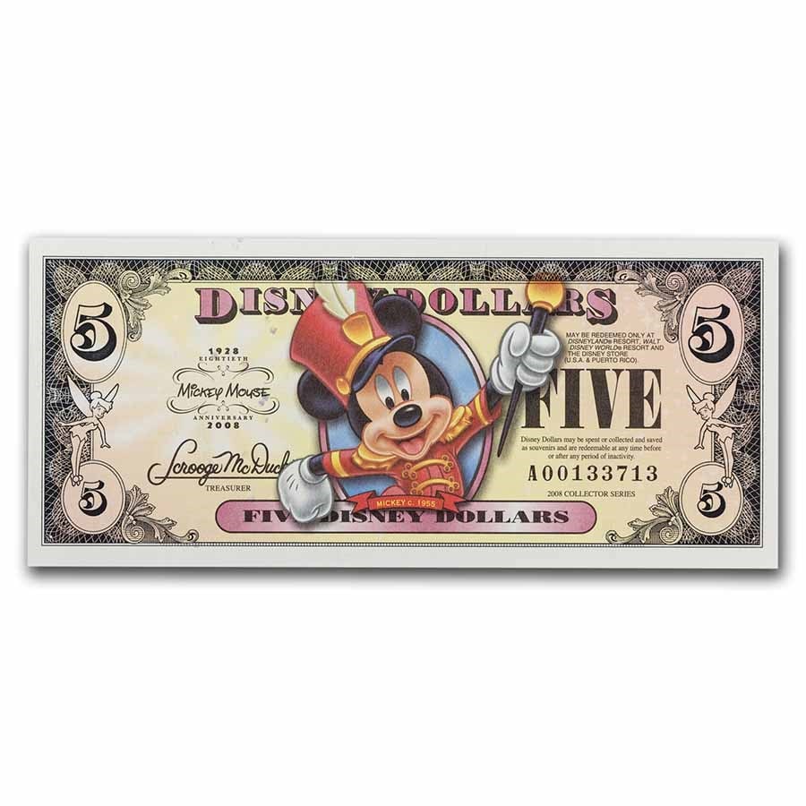 2008 $5 Band Mickey CU (DIS#141): 2008 $5 Band Mickey CU (DIS#141) Product ID: 270721 Year: 2008 Grade: (U) Crisp Unc Grade Service: None Denomination: 5 Dollars Mint Mark: Disneyland Metal Content: 0 troy oz Pur