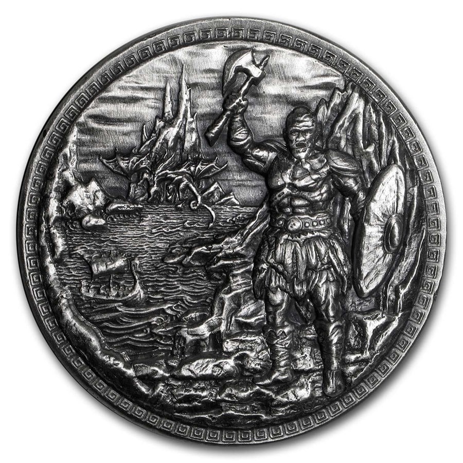 5 oz Silver Ultra High Relief Round - Dragon vs Vikings (w/Box): 5 oz Silver Ultra High Relief Round - Dragon vs Vikings (w/Box) Product ID: 206149 Year: N/A Grade: None Grade Service: None Denomination: 5 oz Mint Mark: N/A - Not Available Metal Conten