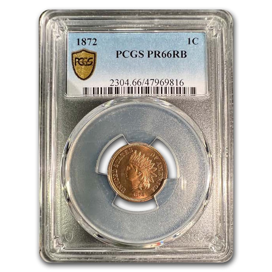 1872 Indian Head Cent PR-66 PCGS (Red/Brown): 1872 Indian Head Cent PR-66 PCGS (Red/Brown) Product ID: 243303 Year: 1872 Grade Service: PCGS Denomination: 1 Cent Metal Content: 0 troy oz Purity: None Diameter: 19 mm