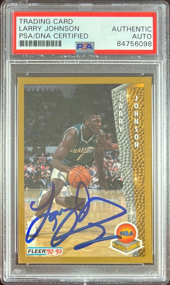 Larry Johnson auto 1992 Fleer #247 card Charlotte Hornets PSA Encapsulated: Larry Johnson auto 1992 Fleer #247 card Charlotte Hornets PSA Encapsulated Larry Johnson auto 1992 Fleer #247 card Charlotte Hornets PSA Encapsulated RBJ no: 7368949268568