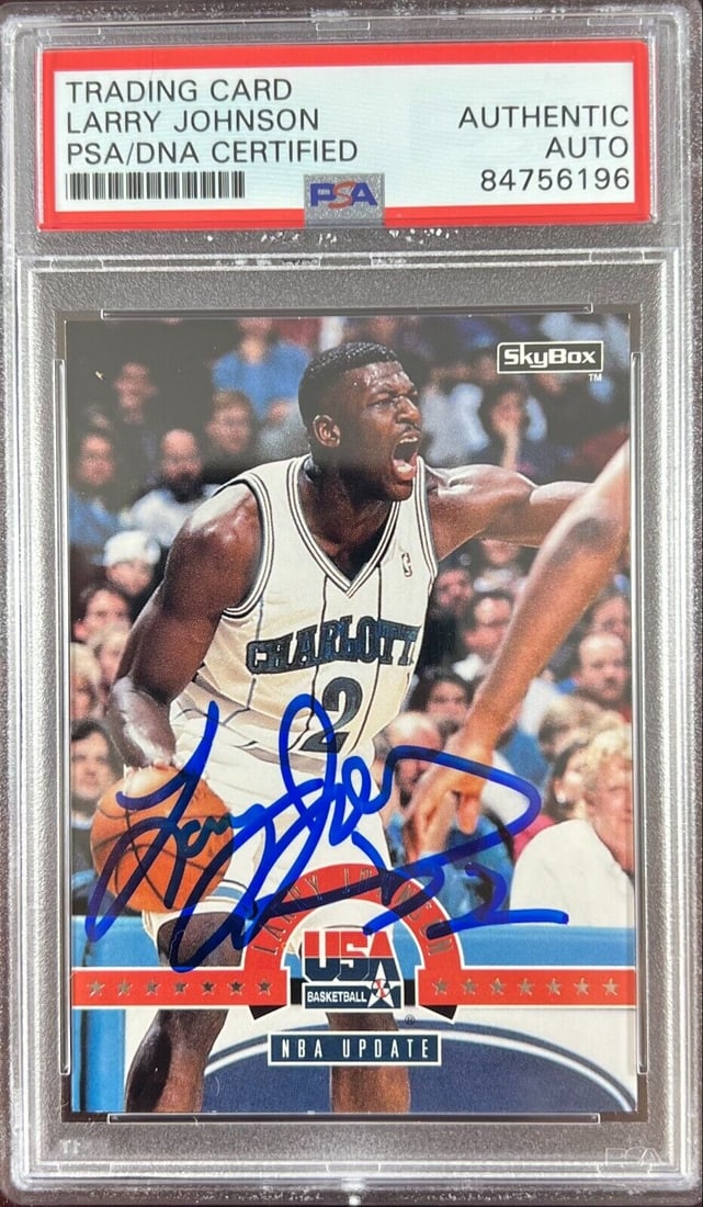 Larry Johnson auto 1994 SkyBox #10 card Charlotte Hornets PSA Encapsulated: Larry Johnson auto 1994 SkyBox #10 card Charlotte Hornets PSA Encapsulated Larry Johnson auto 1994 SkyBox #10 card Charlotte Hornets PSA Encapsulated RBJ no: 7368949366872