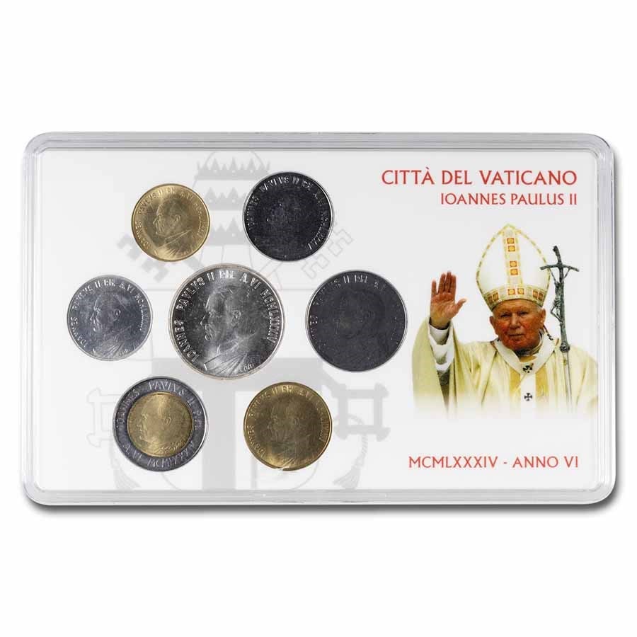 1984 Vatican City Pope John Paul II 7-Coin Set BU: 1984 Vatican City Pope John Paul II 7-Coin Set BU Product ID: 242289 Year: 1984 Grade: Brilliant Unc Grade Service: Other Denomination: Varies Mint Mark: Not Shown Metal Content: 0.392 tr