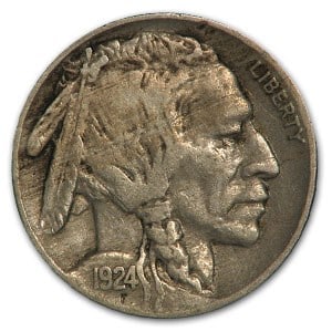 1924 Buffalo Nickel VF: 1924 Buffalo Nickel VF Product ID: 25820 Year: 1924 Grade: Very Fine Grade Service: None Denomination: $0.05 Mint Mark: P - Philadelphia (Not Shown) Metal Content: 0 troy oz Puri