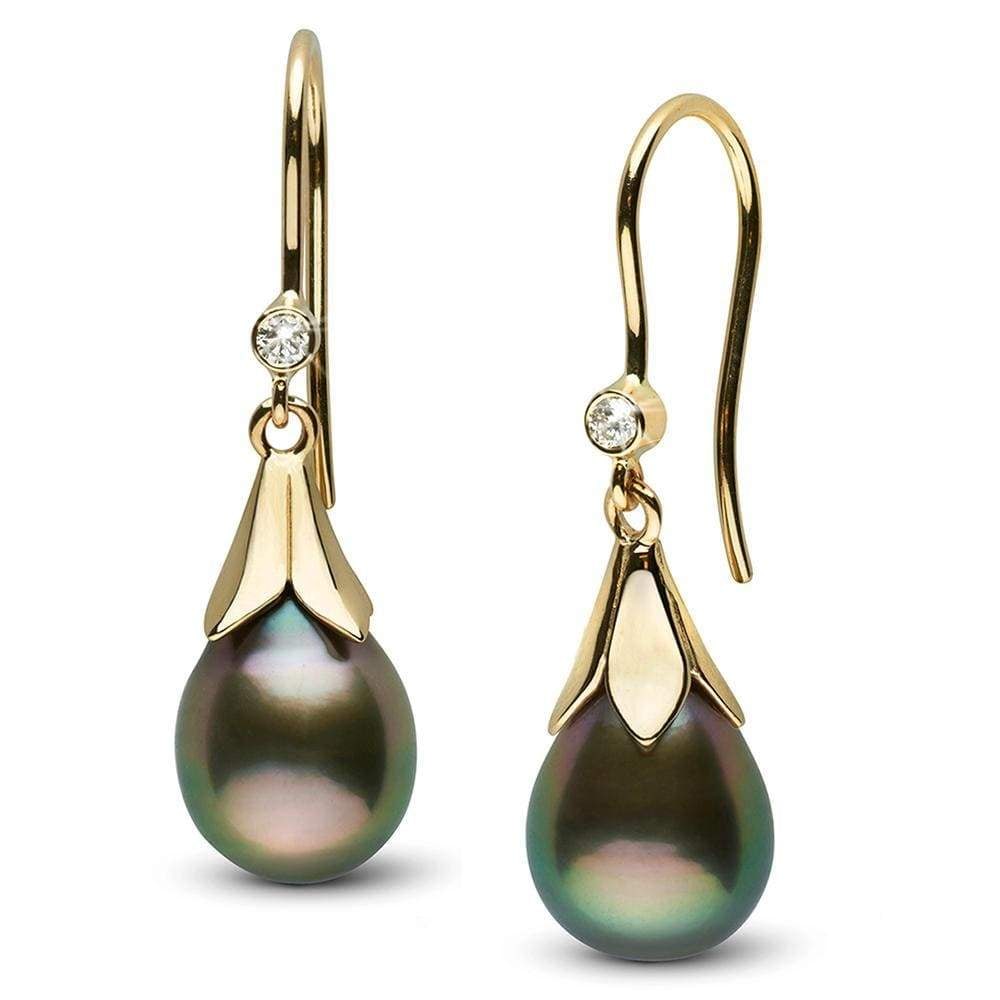Tahitian Drop-Shape Pearl and Diamond Lily Dangle Earrings: Tahitian Drop-Shape Pearl and Diamond Lily Dangle Earrings 9.0-10.0mm / 14K Rose Gold