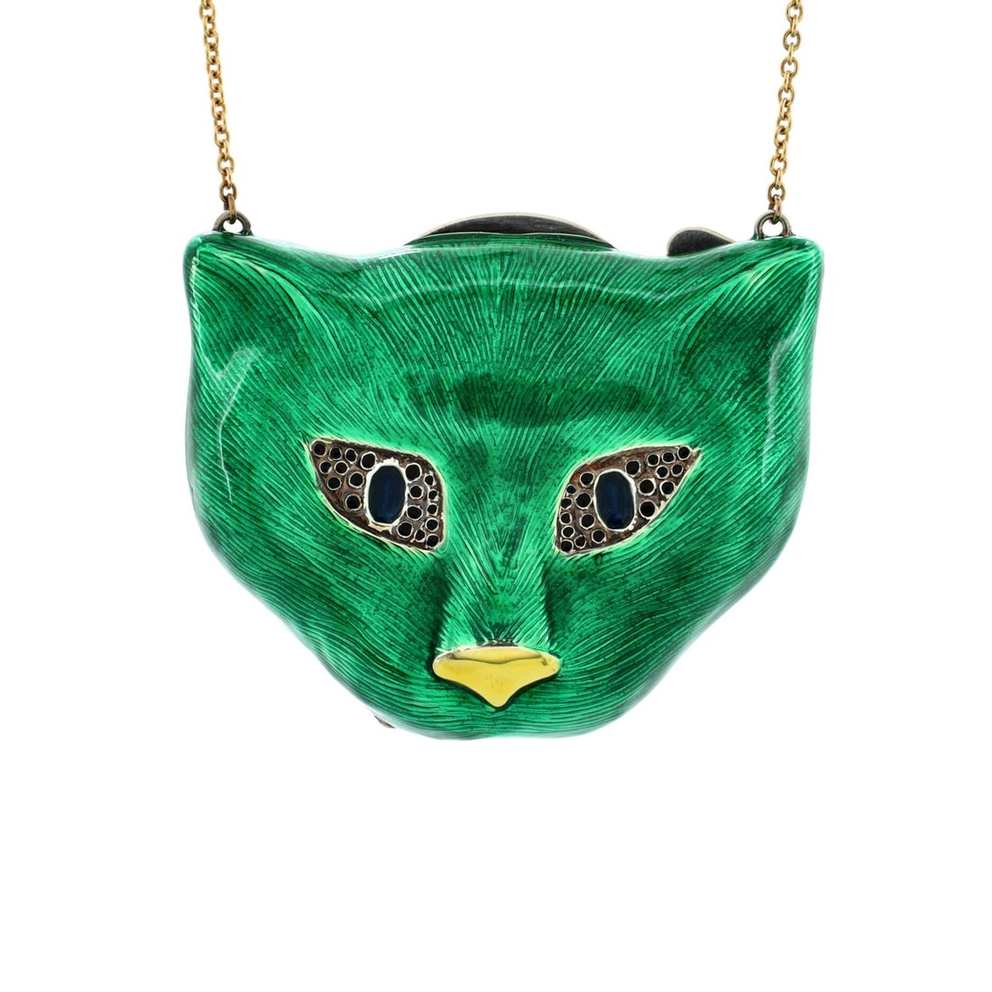 Gucci Garden Cat Minaudiere Necklace 18K Yellow Gold with Metal and Enamel: Gucci Garden Cat Minaudiere Necklace 18K Yellow Gold with Metal and Enamel Metal Type: 18K Yellow Gold, Sterling Silver Metal Finish: Engraved, High Polish Hallmarks Type: 750, 925, Designer Signature