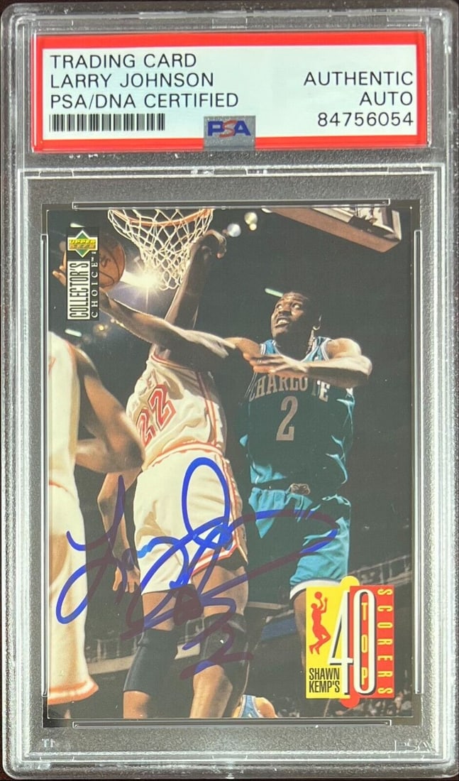 Larry Johnson auto 1995 Upper Deck #404 card Charlotte Hornets PSA Encapsulated: Larry Johnson auto 1995 Upper Deck #404 card Charlotte Hornets PSA Encapsulated Larry Johnson auto 1995 Upper Deck #404 card Charlotte Hornets PSA Encapsulated RBJ no: 7369024110680