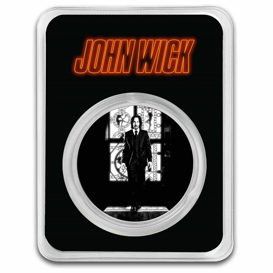 John Wick 1 oz Silver Baba Yaga Round w/ TEP: John Wick 1 oz Silver Baba Yaga Round w/ TEP Product ID: 272379 Grade: None Grade Service: None Mint Mark: N/A - Not Available Metal Content: 1 troy oz Purity: .999 Diameter: 39 mm