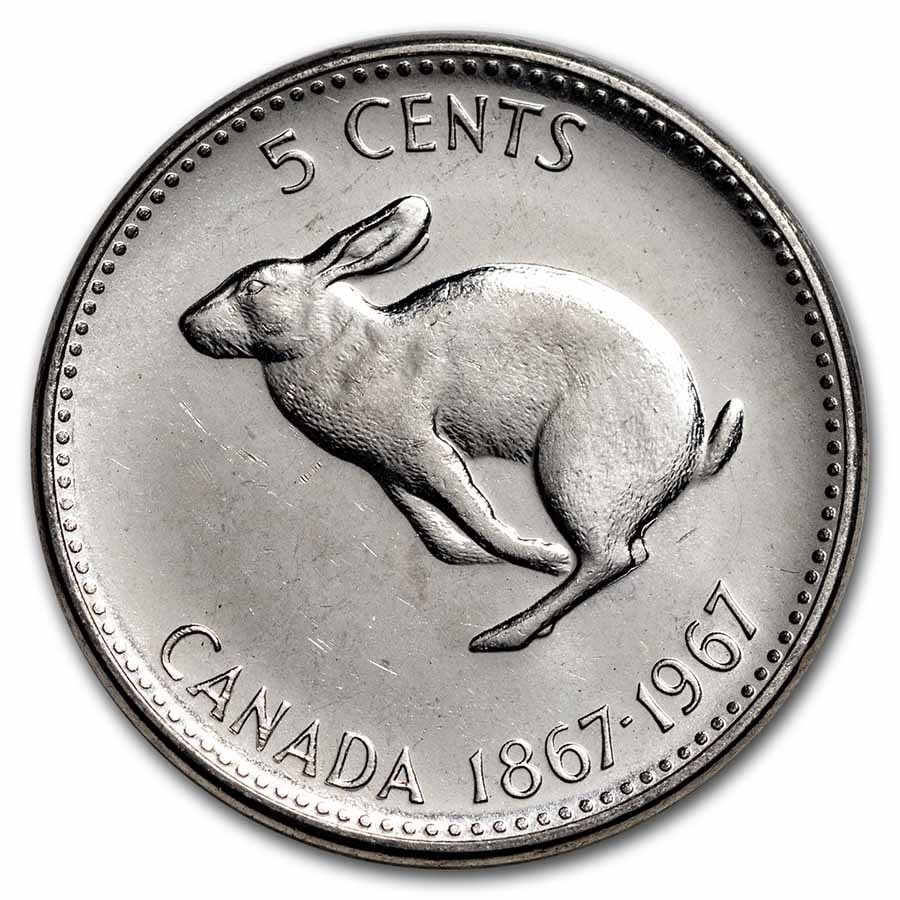 1967 Canada Nickel 5 Cents Rabbit BU/Prooflike: 1967 Canada Nickel 5 Cents Rabbit BU/Prooflike Product ID: 55194 Year: 1967 Grade: BU &/or Proof Grade Service: None Denomination: 5 Cents Mint Mark: RCM (Not Shown) Metal Content: 0 troy
