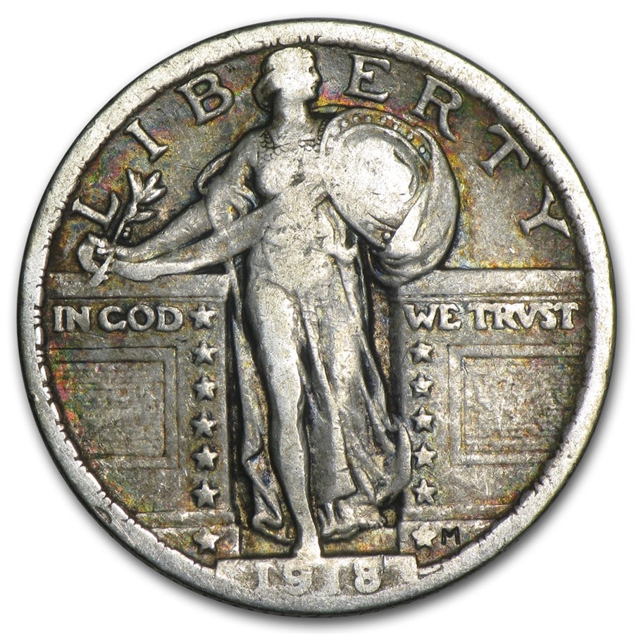 1918 Standing Liberty Quarter VF: 1918 Standing Liberty Quarter VF Product ID: 43442 Year: 1918 Grade: Very Fine Grade Service: None Denomination: 25 Cents Mint Mark: P - Philadelphia (Not Shown) Metal Content: 0.1788 tro