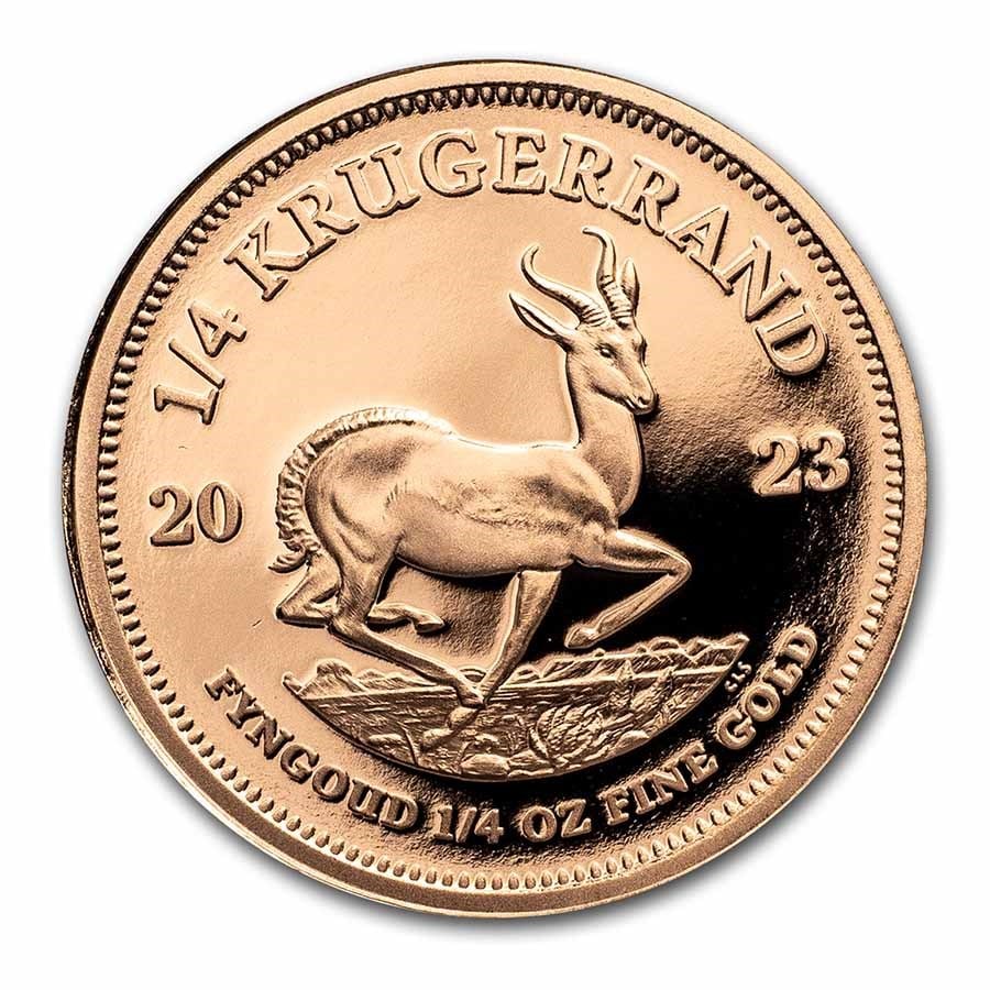 2023 South Africa 1/4 oz Proof Gold Krugerrand: 2023 South Africa 1/4 oz Proof Gold Krugerrand Product ID: 263283 Year: 2023 Grade: Proof Grade Service: None Mint Mark: Not Shown Metal Content: 0.25 troy oz Purity: .9167 Thick