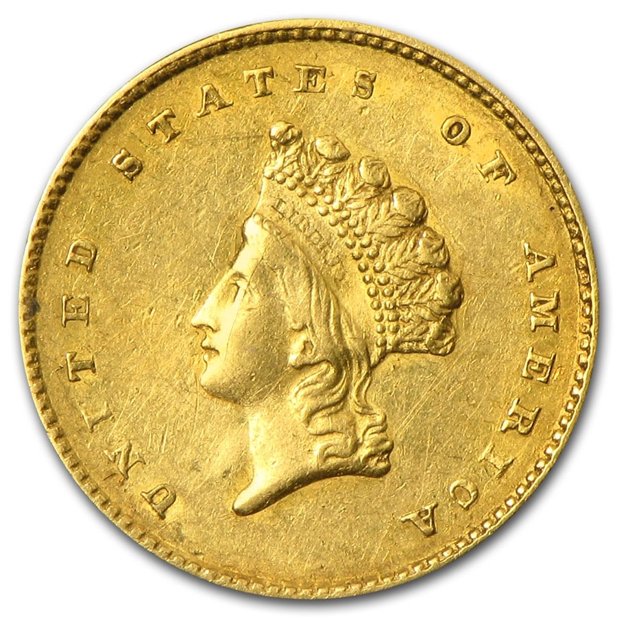 $1 Indian Head Gold Dollar Type 2 XF (Random Year): $1 Indian Head Gold Dollar Type 2 XF (Random Year) Product ID: 59289 Year: Random - (1854-1856) Grade: Extra Fine Grade Service: None Denomination: $1.00 Mint Mark: Varies Metal Content: