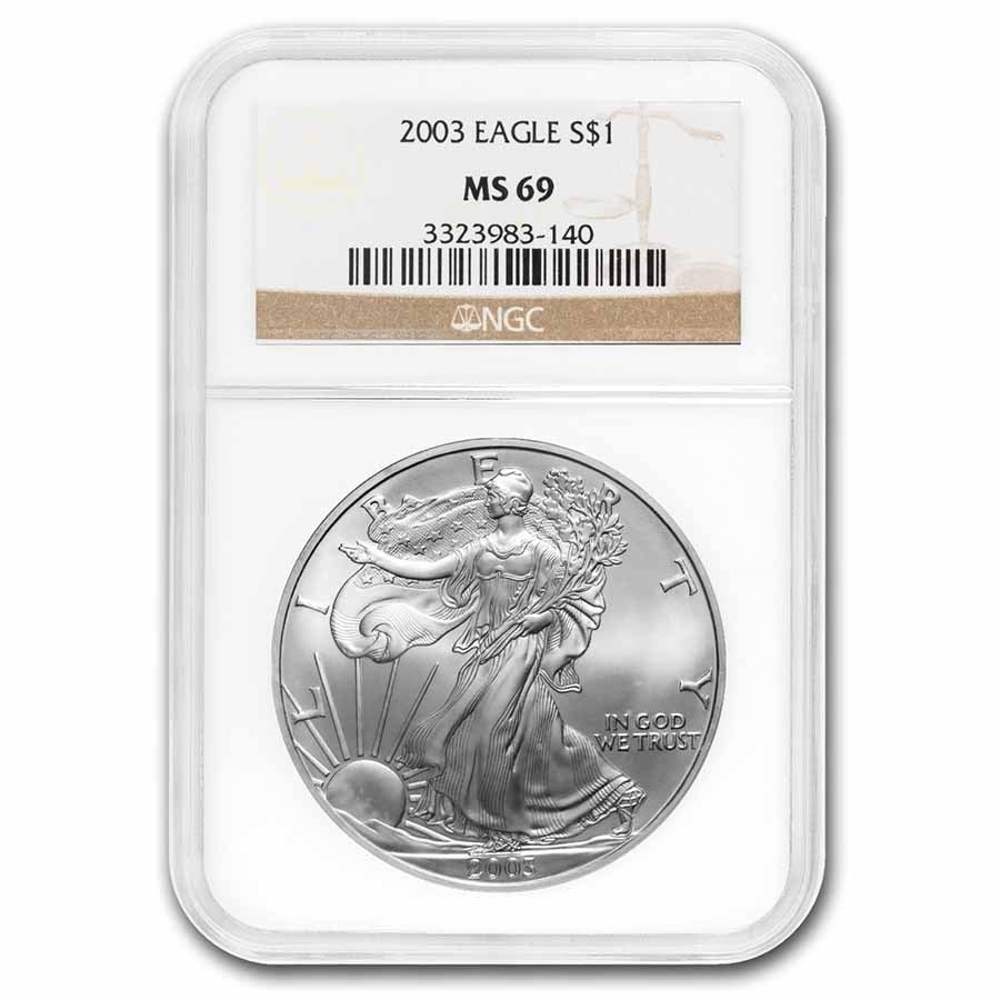 1986-Current Silver Eagle MS-69 NGC/PCGS (Random Year, Spotted): 1986-Current Silver Eagle MS-69 NGC/PCGS (Random Year, Spotted) Product ID: 98290 Year: Varies Grade: MS-69 Grade Service: PCGS &/or NGC Denomination: $1.00 Dollar Mint Mark: Varies Metal