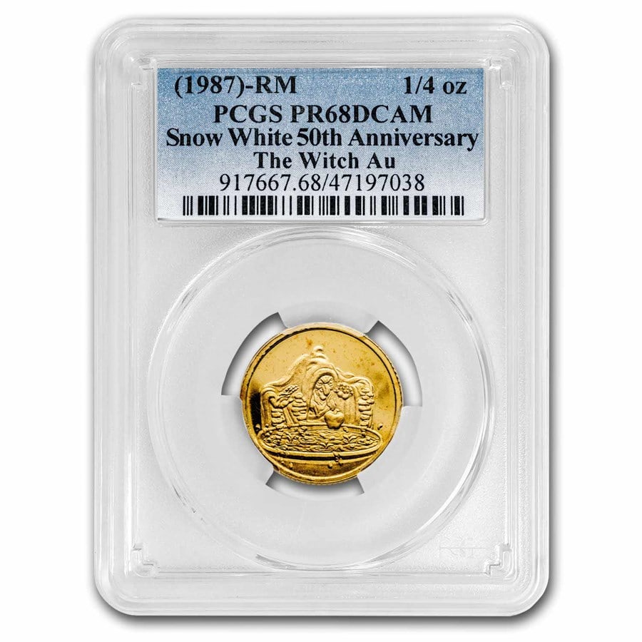 1987 1/4 oz Gold - DIsney's Snow White 50th Aniv Witch PR-68 PCGS: 1987 1/4 oz Gold - DIsney's Snow White 50th Aniv Witch PR-68 PCGS Product ID: 282772 Year: 1987 Grade Service: PCGS Metal Content: 0.25 troy oz Purity: .999 Thickness: 1.8 mm Diameter: 20