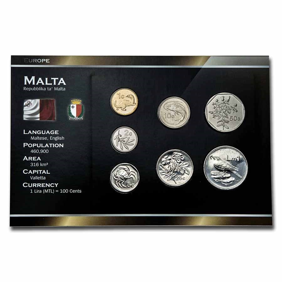 Malta Pre-Euro 7-Coin Set BU: Malta Pre-Euro 7-Coin Set BU Product ID: 232414 Year: Random Grade: Brilliant Unc Grade Service: None Denomination: Varies Mint Mark: Not Shown Metal Content: 0 troy oz Purity: N
