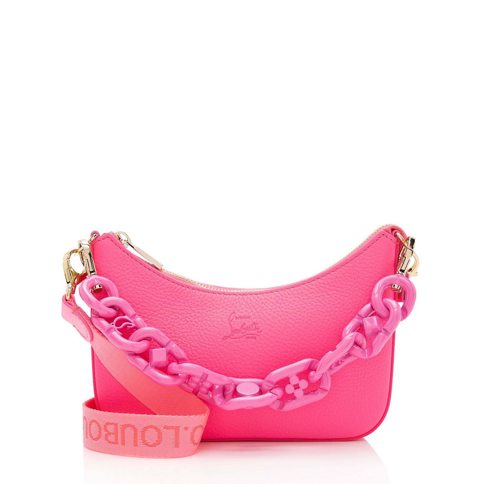 Christian Louboutin Calfskin Loubila Mini Chain Shoulder Bag: Christian Louboutin Calfskin Loubila Mini Chain Shoulder Bag Condition Quality: Excellent Color: Pink Height: 5.5 in. Length: 7.5 in. Material: Calfskin/Nylon Width: 1.5 in. Item Conditio