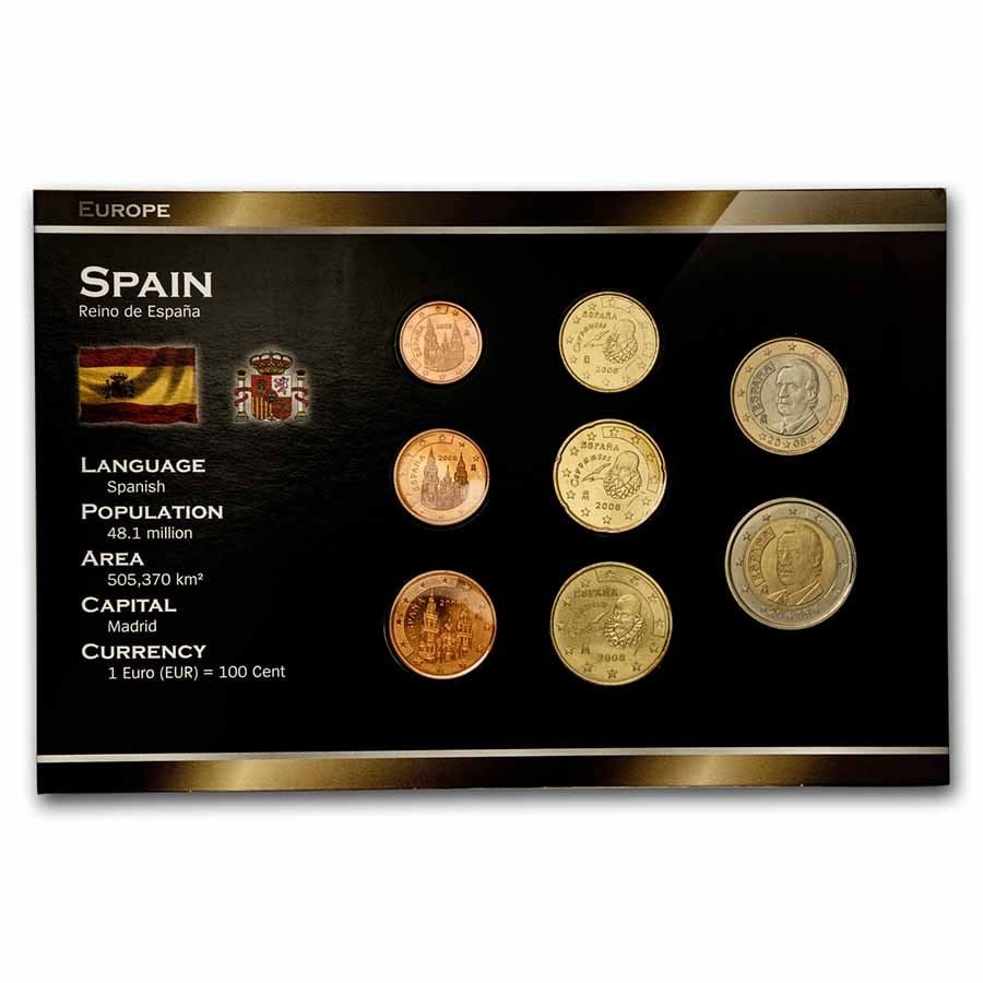 2008 Spain 1 Cent-2 Euro 8-Coin Euro Set BU: 2008 Spain 1 Cent-2 Euro 8-Coin Euro Set BU Product ID: 50991 Year: 2008 Grade: Brilliant Unc Grade Service: None Denomination: Varies Mint Mark: Not Shown Metal Content: 0 troy oz