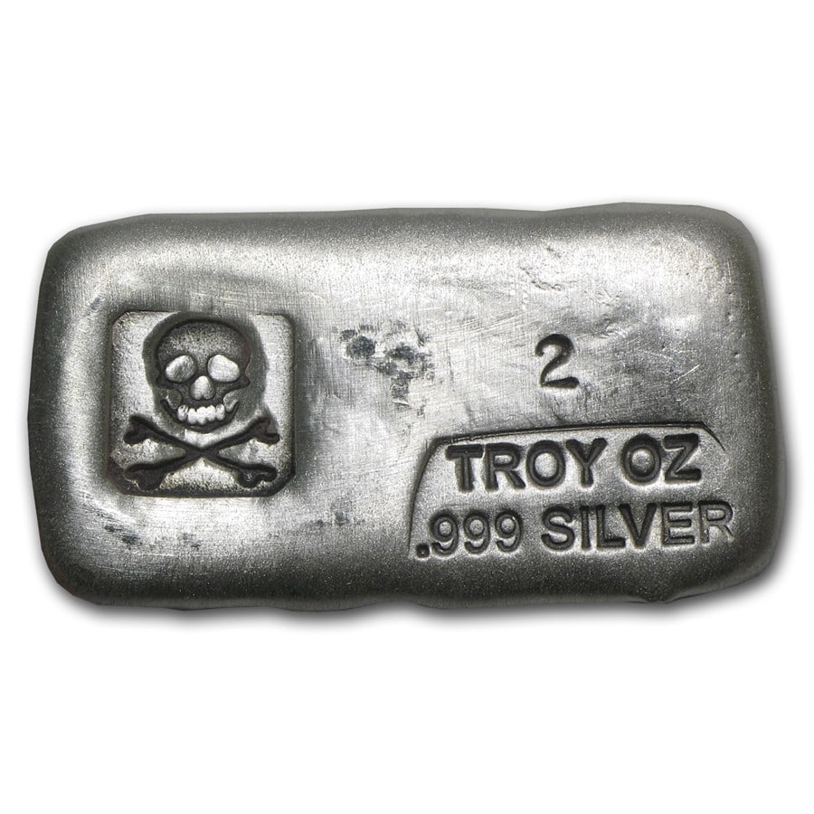 2 oz Hand Poured Silver Bar - PG & G (Skull & Bones): 2 oz Hand Poured Silver Bar - PG & G (Skull & Bones) Product ID: 79555 Year: N/A Grade: None Grade Service: None Denomination: 2 oz Mint Mark: N/A - Not Available Metal Content: 2 troy oz