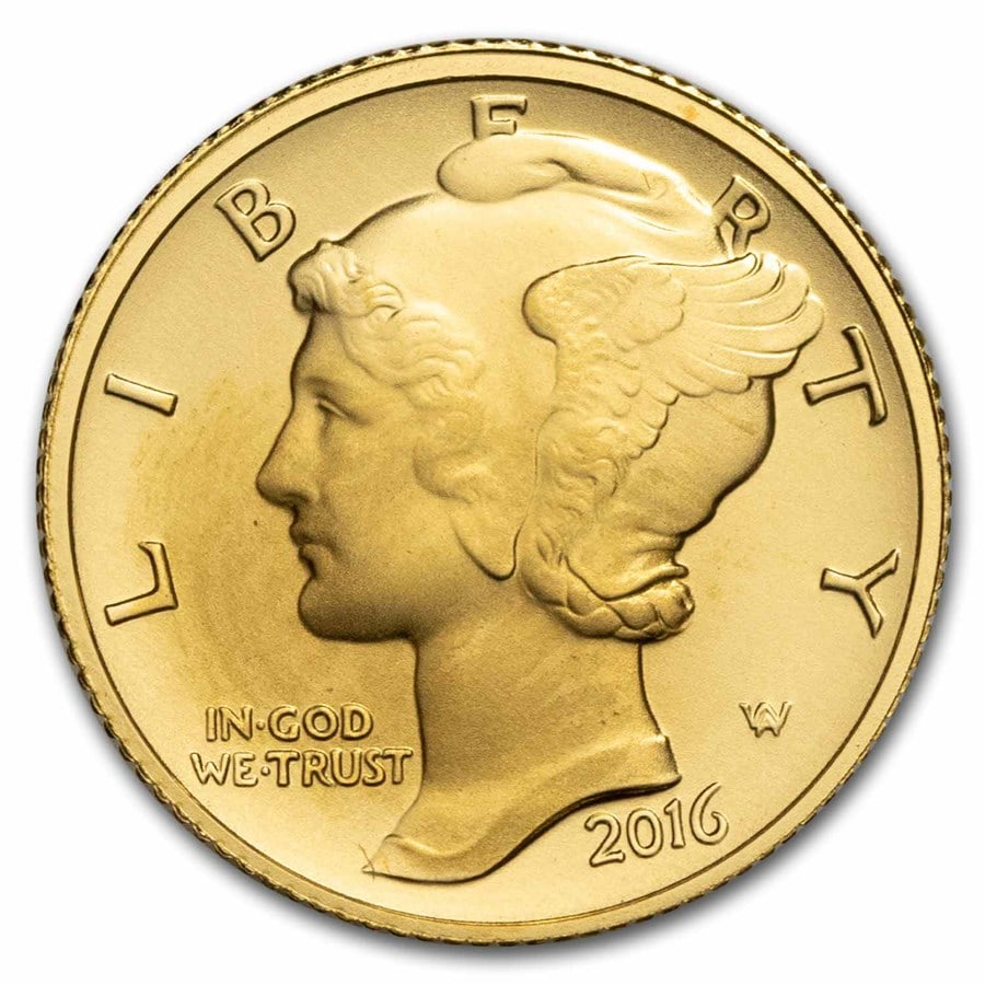 2016-W 1/10 oz Gold Mercury Dime Centennial (Capsule Only): 2016-W 1/10 oz Gold Mercury Dime Centennial (Capsule Only) Product ID: 283364 Year: 2016 Grade: Specimen Grade Service: None Denomination: 10 Cents Mint Mark: W - West Point Metal Content