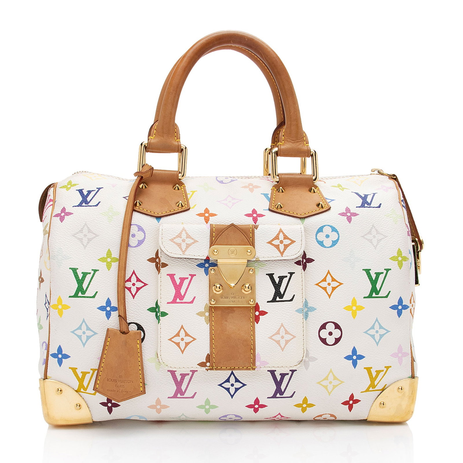 Louis Vuitton Monogram Multicolore Speedy 30 Satchel: Louis Vuitton Monogram Multicolore Speedy 30 Satchel Condition Quality: Creasing throughout exterior causing light loss of structure. Darkening, marks, and scuffs throughout exterior leather trim and 