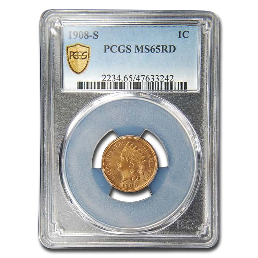 1908-S Indian Head Cent MS-65 PCGS (Red): 1908-S Indian Head Cent MS-65 PCGS (Red) Product ID: 154471 Year: 1908 Grade Service: PCGS Denomination: 1 Cent Metal Content: 0 troy oz Purity: N/A Thickness: 1.50 mm Diameter: