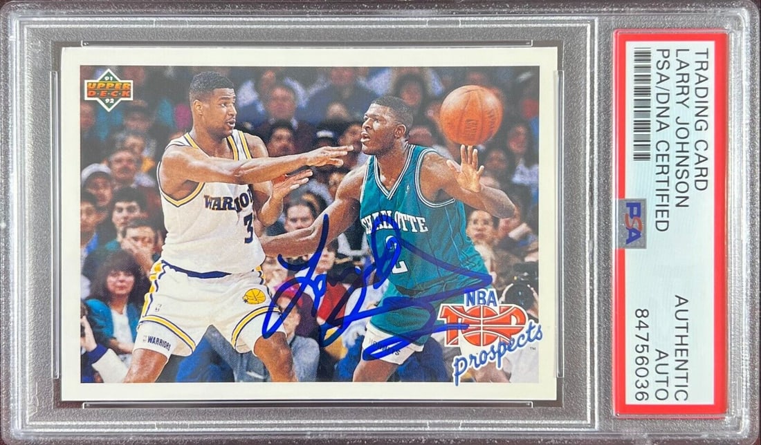 Larry Johnson auto 1992 Upper Deck #438 card Charlotte Hornets PSA Encapsulated: Larry Johnson auto 1992 Upper Deck #438 card Charlotte Hornets PSA Encapsulated Larry Johnson auto 1992 Upper Deck #438 card Charlotte Hornets PSA Encapsulated RBJ no:7368949891160