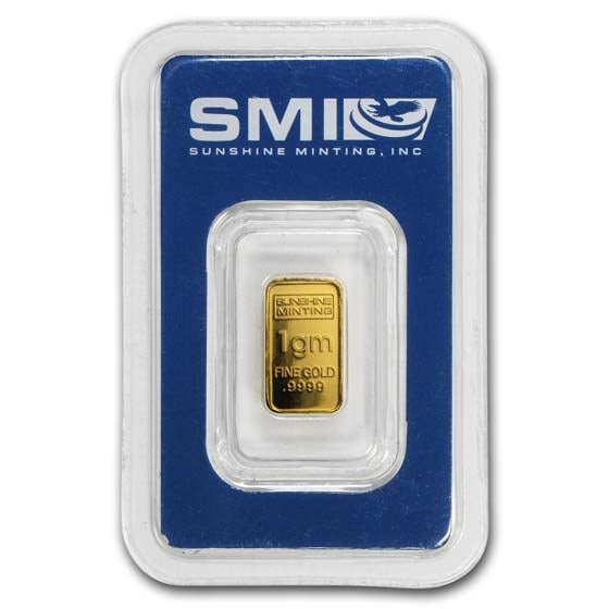 1 gram Gold Bar - Sunshine Minting (In TEP Packaging): 1 gram Gold Bar - Sunshine Minting (In TEP Packaging) RBJ no: 59939 Year: N/A Grade: None Grade Service: Assay Card Mint Mark: N/A - Not Available Metal Content: 0.0322 troy oz Purity: .9