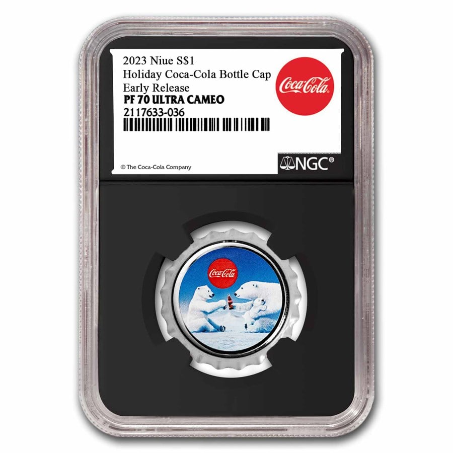 Coca-Cola 2023 6 gram Ag Polar Bear Bottle Cap - PF-70 NGC (ER): Coca-Cola 2023 6 gram Ag Polar Bear Bottle Cap - PF-70 NGC (ER) RBJ no: 286898 Year: 2023 Grade: Proof - 70 DCAM Grade Service: NGC Denomination: 1 Dollar Mint Mark: N/A - Not Available M