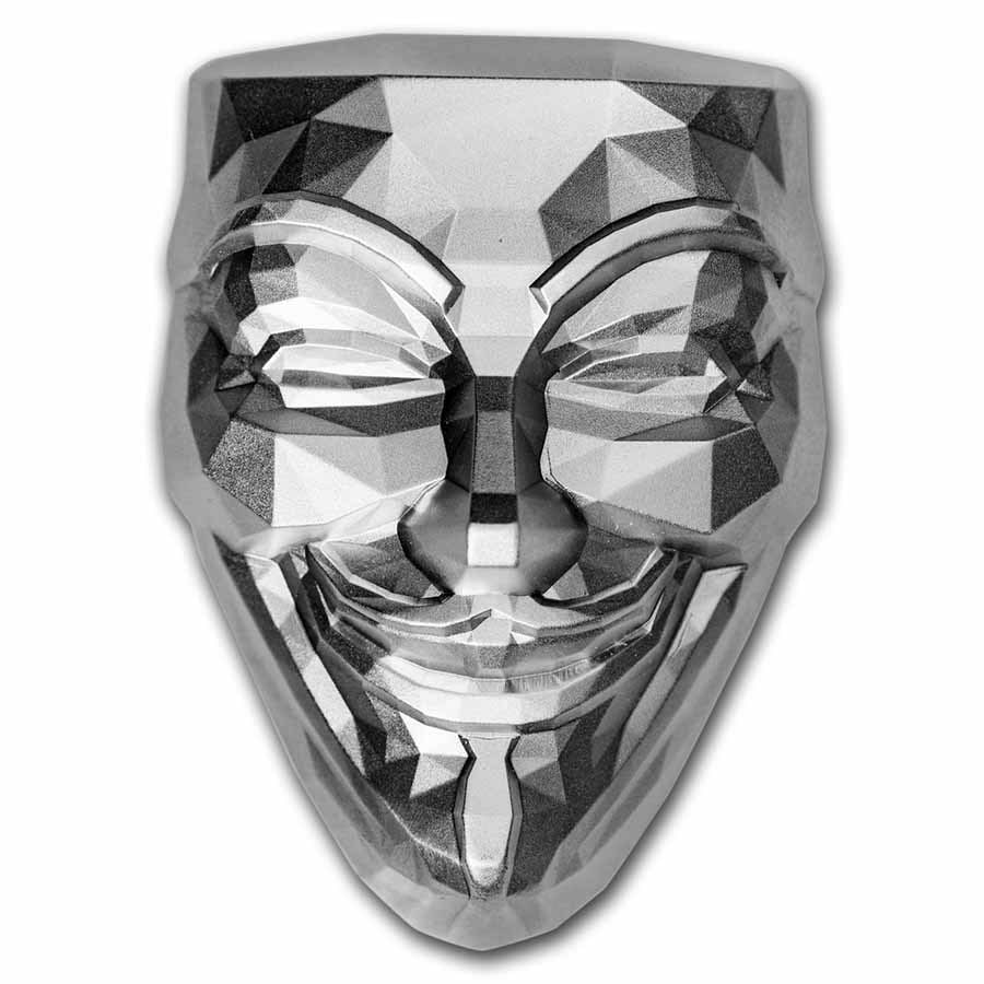South Korea 2 oz Silver Guy Fawkes Mask Stackable: South Korea 2 oz Silver Guy Fawkes Mask Stackable RBJ no: 259919 Grade: None Grade Service: None Mint Mark: Not Shown Metal Content: 2 troy oz Purity: .999 Thickness: 3.6 mm Diam