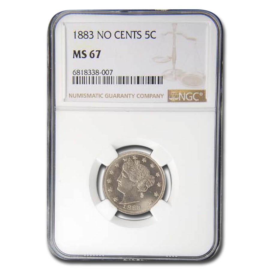1883 Liberty Head V Nickel MS-67 NGC (No Cents): 1883 Liberty Head V Nickel MS-67 NGC (No Cents) RBJ no: 204813 Year: 1883 Grade Service: NGC Denomination: 5 Cents Metal Content: 0 troy oz Purity: None Thickness: 1.95 mm Diamet